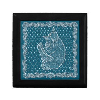 Sleeping Cat Lace Doily Keepsake Box (ocean Blue) by TheWhiteCatCo at Zazzle