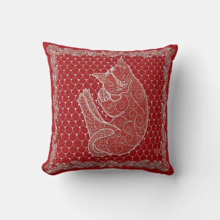 Sleeping Cat Lace Doily Throw Pillow (crimson)