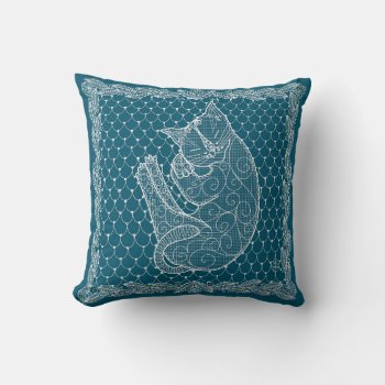 Sleeping Cat Lace Doily Throw Pillow (ocean) by TheWhiteCatCo at Zazzle