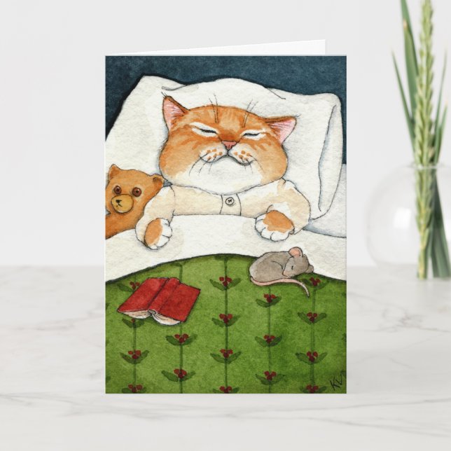 Sleeping cat, mouse, teddy bear Christmas Holiday Card (Front)