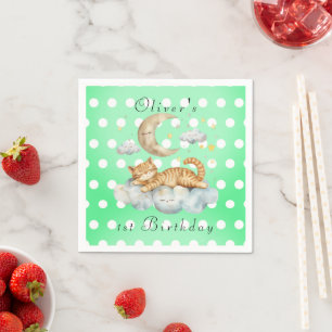 Sleeping Cat on a cloud with moon and stars Napkins