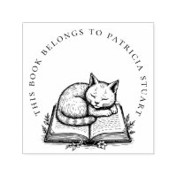 Sleeping Cat on Book Circular Name Ex Libris