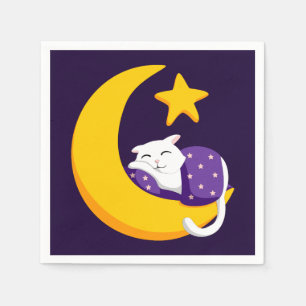 Sleeping Cat on Crescent Moon Star Ramadan Napkins