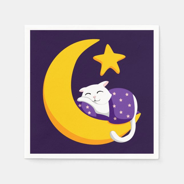 Sleeping Cat on Crescent Moon Star Ramadan Napkins (Front)