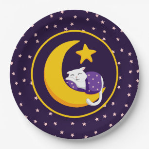 Sleeping Cat on Crescent Moon Star Ramadan Paper Plates