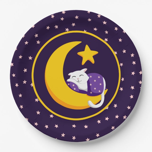 Sleeping Cat on Crescent Moon Star Ramadan Paper Plates (Front)