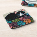 Sleeping Cat on Mountain of Yarn Illustration Coaster