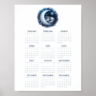 Sleeping Cat on the Moon 2026 Calendar Minimalist  Poster