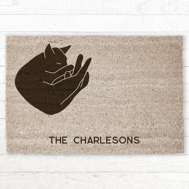 Sleeping Cat Personalized Fiber Doormat (Personalized custom family name or text sleeping black cat fiber doormat)