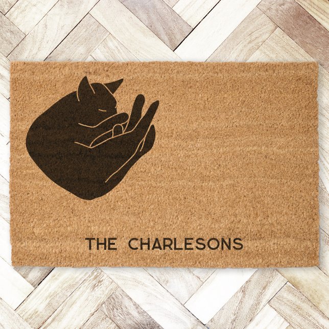 Sleeping Cat Personalized Fiber Doormat (Personalized custom family name or text sleeping black cat fiber doormat)