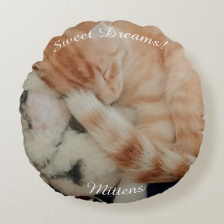 Sleeping Cat Photo, Front & Back, Name Round Pillow