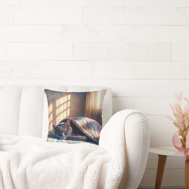 Sleeping Cat Under A Quilt Throw Pillow (Couch)