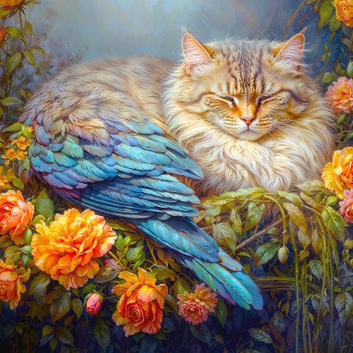 Sleeping Cat with Blue Feathers Nesting in Roses Jigsaw Puzzle
