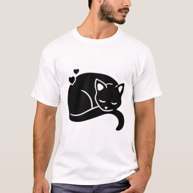 Sleeping Cat with Hearts Graphic T-Shirt (Front)
