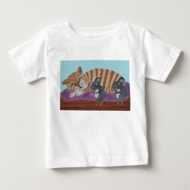 Sleeping Cat with Sneaky Mice T-Shirt (Front)