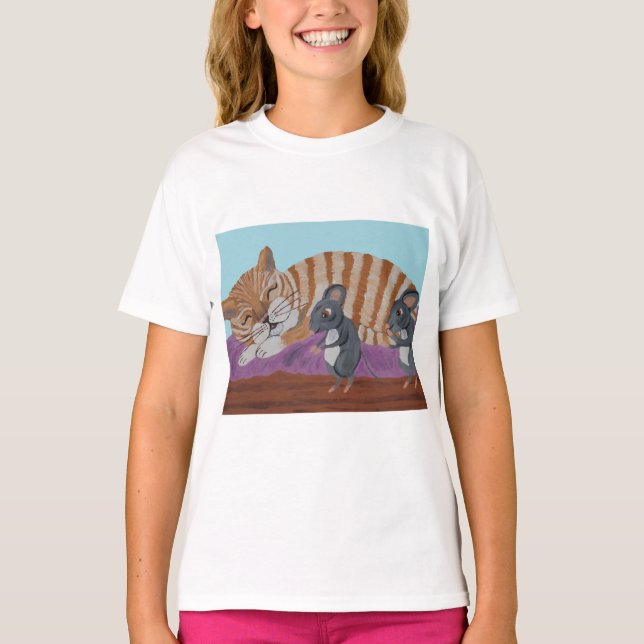 Sleeping Cat with Sneaky Mice  T-Shirt (Front)