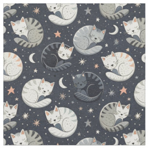 Sleeping Cats Starry Night Pattern - Kids Design Fabric