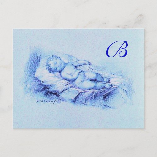 SLEEPING CHILD BLUE  BABY SHOWER  MONOGRAM INVITATION POSTCARD