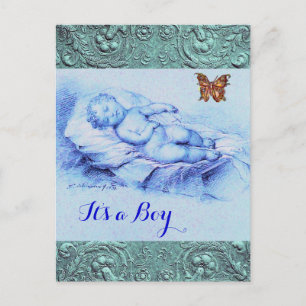 SLEEPING CHILD,BUTTERFLY,FLORAL BLUE BABY SHOWER INVITATION POSTCARD
