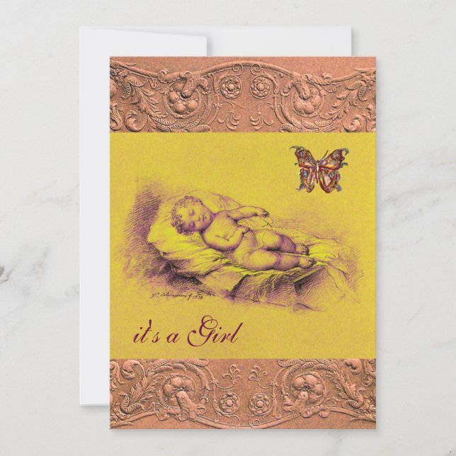 SLEEPING CHILD, BUTTERFLY YELLOW PINK  BABY SHOWER INVITATION (Front)