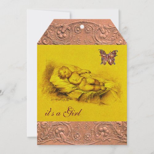 SLEEPING CHILD BUTTERFLY YELLOW PINK  BABY SHOWER INVITATION