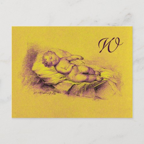 SLEEPING CHILD GOLD YELLOW  BABY SHOWER  MONOGRAM INVITATION POSTCARD