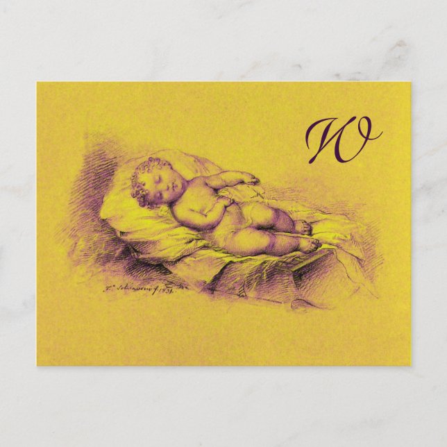 SLEEPING CHILD, GOLD YELLOW  BABY SHOWER  MONOGRAM INVITATION POSTCARD (Front)