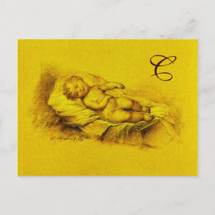 SLEEPING CHILD, GOLD YELLOW BABY SHOWER MONOGRAM INVITATION POSTCARD
