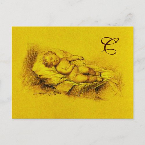 SLEEPING CHILD GOLD YELLOW  BABY SHOWER  MONOGRAM INVITATION POSTCARD