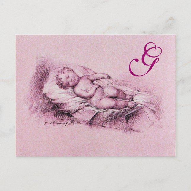 SLEEPING CHILD, PINK BABY SHOWER  MONOGRAM INVITATION POSTCARD (Front)