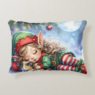 Sleeping Christmas Elf with Calico Kitten Accent Pillow