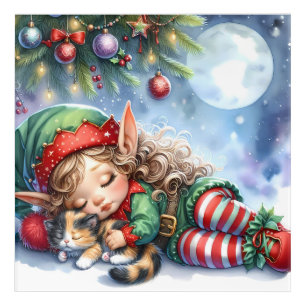 Sleeping Christmas Elf with Calico Kitten Acrylic Print