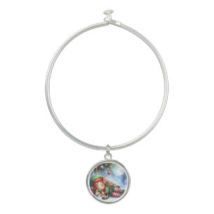 Sleeping Christmas Elf with Calico Kitten Bangle Bracelet