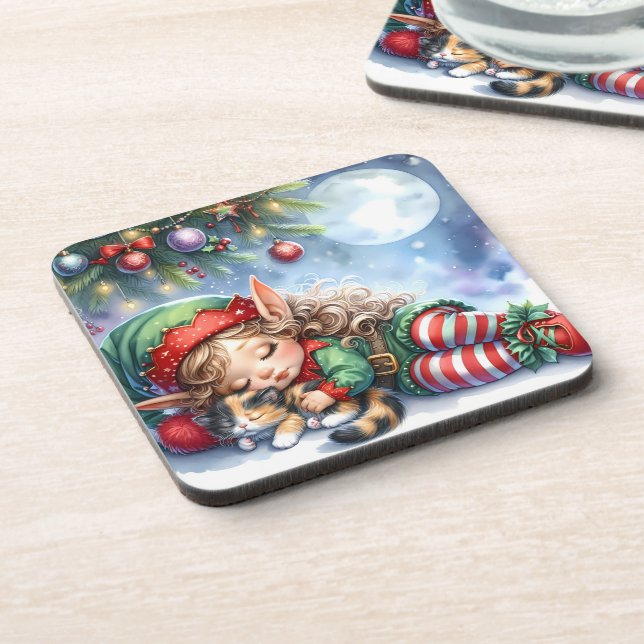 Sleeping Christmas Elf with Calico Kitten Beverage Coaster (Left Side)