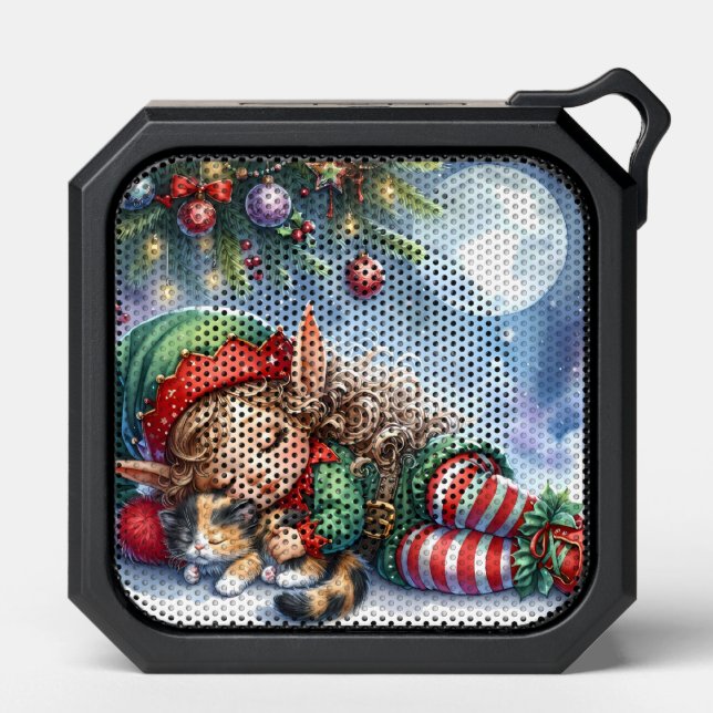 Sleeping Christmas Elf with Calico Kitten Bluetooth Speaker (Front)