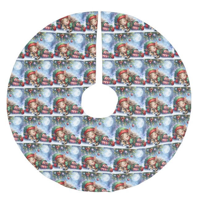Sleeping Christmas Elf with Calico Kitten Brushed Polyester Tree Skirt (Front)