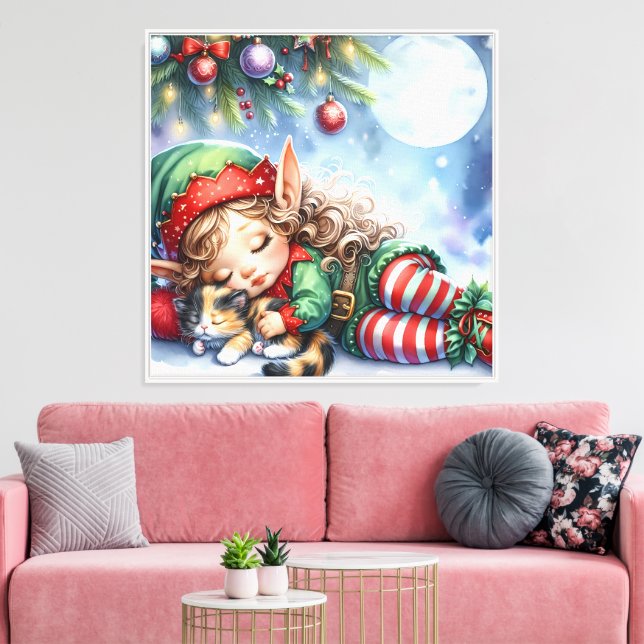 Sleeping Christmas Elf with Calico Kitten Canvas Print (Insitu(LivingRoom))
