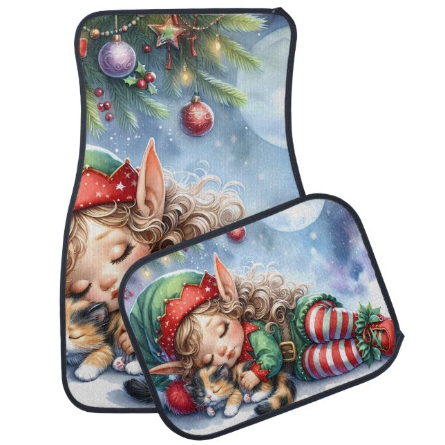Sleeping Christmas Elf with Calico Kitten Car Floor Mat (Set)
