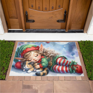 Sleeping Christmas Elf with Calico Kitten Doormat
