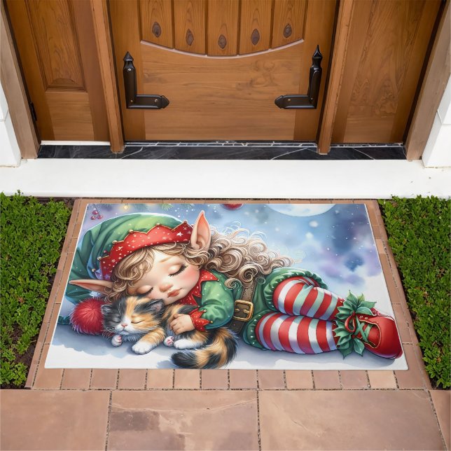 Sleeping Christmas Elf with Calico Kitten Doormat (Outdoor)