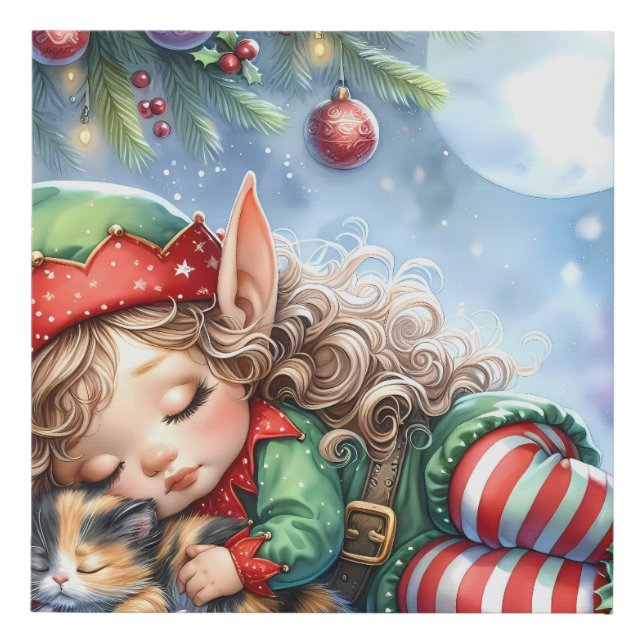 Sleeping Christmas Elf with Calico Kitten Faux Canvas Print (Front)