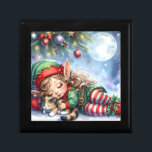 Sleeping Christmas Elf with Calico Kitten Gift Box<br><div class="desc">Drift into the magic of the season with this heartwarming holiday design featuring a sweet little elf snuggled beside a peaceful calico kitten. Under the soft glow of a full winter moon and twinkling tree lights, the elf’s candy-striped leggings and festive green outfit add a cheerful pop of color to...</div>