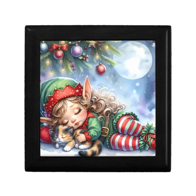 Sleeping Christmas Elf with Calico Kitten Gift Box (Front)
