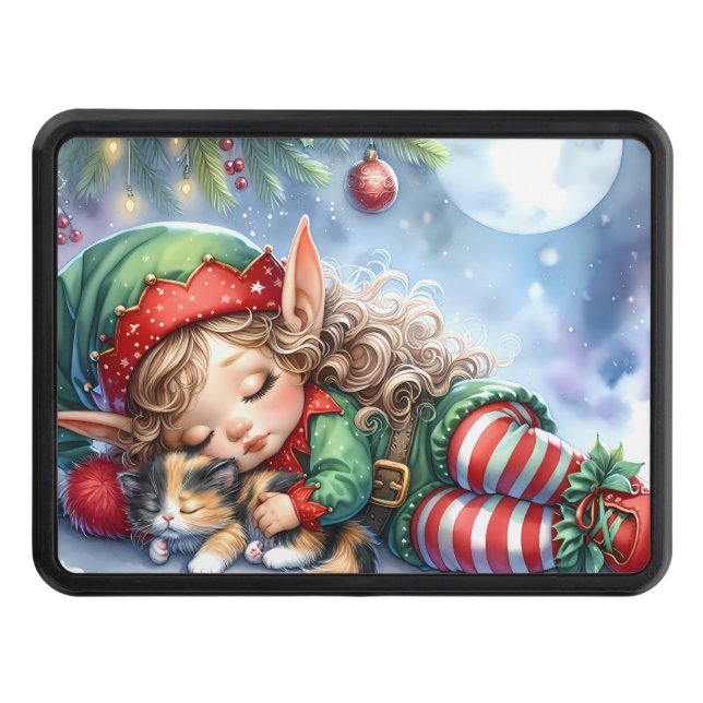 Sleeping Christmas Elf with Calico Kitten Hitch Cover (Front)