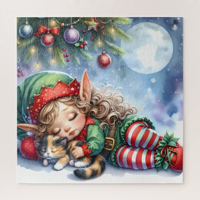 Sleeping Christmas Elf with Calico Kitten Jigsaw Puzzle (Vertical)
