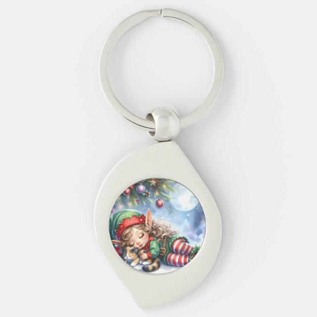 Sleeping Christmas Elf with Calico Kitten Keychain (Front)