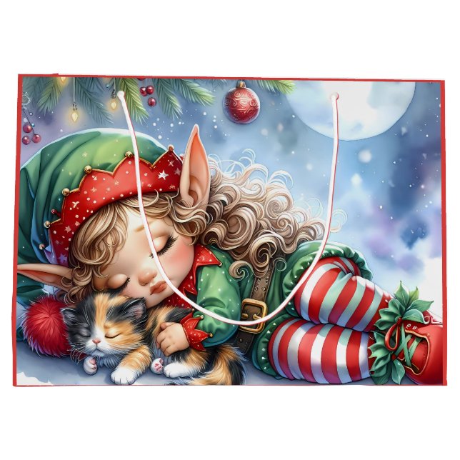 Sleeping Christmas Elf with Calico Kitten Large Gift Bag (Back)