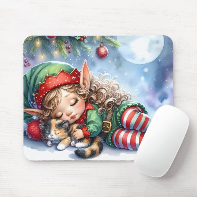 Sleeping Christmas Elf with Calico Kitten Mouse Pad (With Mouse)