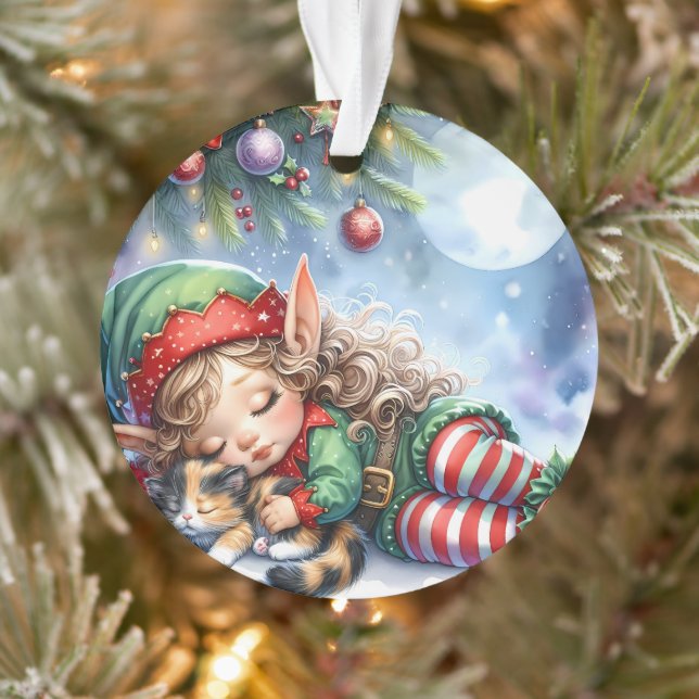 Sleeping Christmas Elf with Calico Kitten Ornament (Tree)