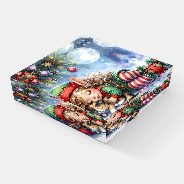 Sleeping Christmas Elf with Calico Kitten Paperweight (Angled)